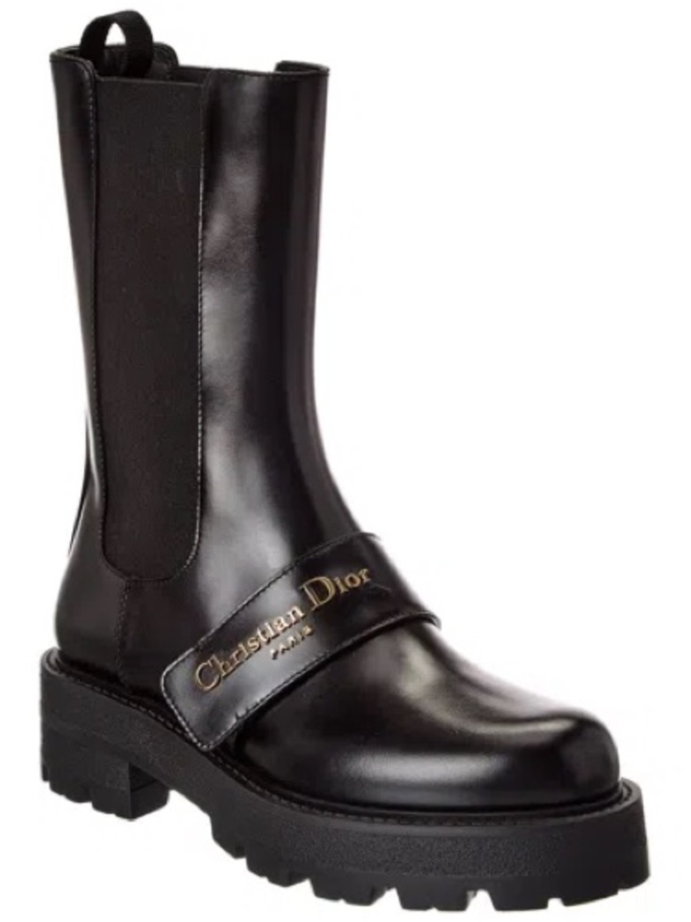Dior Black Leather Combat Boots with Gold Logo Strap